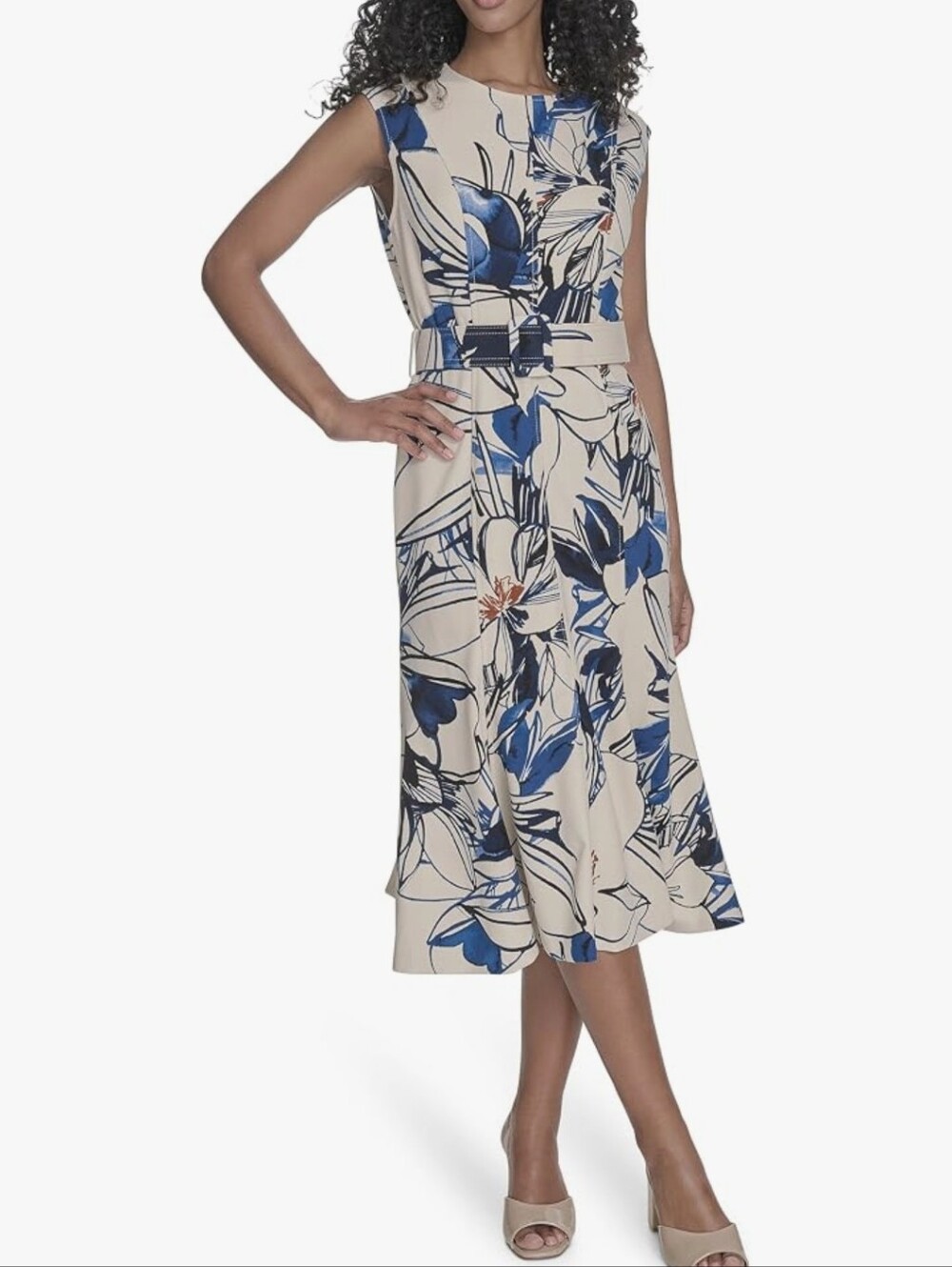 Calvin Klein Women's Plus Printed Scuba Crepe Belted Midi Dress, size 14W